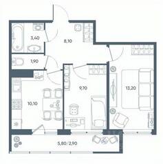 ЖК «Геометрия» (Кудрово), планировка 2-комнатной квартиры, 46.40 м²
