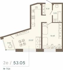 Апарт-комплекс «17/33 Петровский остров», планировка 1-комнатной квартиры, 53.05 м²