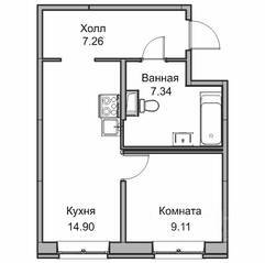 ЖК «Юнтолово», планировка 2-комнатной квартиры, 38.40 м²