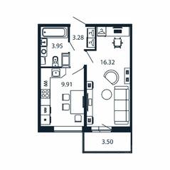 ЖК «Полис ЛАВрики», планировка 1-комнатной квартиры, 34.51 м²