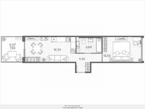 ЖК «Plus Пулковский», планировка 1-комнатной квартиры, 45.02 м²