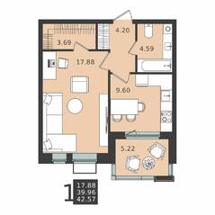 ЖК «Мишино-2», планировка 1-комнатной квартиры, 42.57 м²