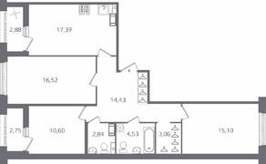 ЖК «Б15», планировка 2-комнатной квартиры, 87.29 м²