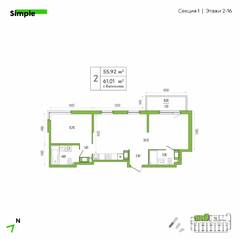 ЖК «Simple», планировка 2-комнатной квартиры, 58.50 м²