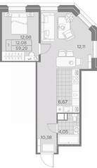 ЖК «AKZENT», планировка 1-комнатной квартиры, 51.29 м²