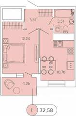 ЖК «Аквилон Stories», планировка 1-комнатной квартиры, 32.58 м²