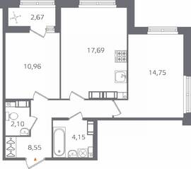ЖК «Б15», планировка 2-комнатной квартиры, 59.54 м²