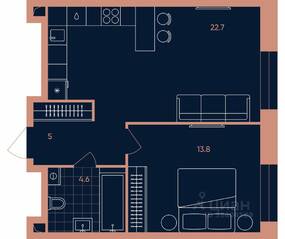 ЖК «ERA», планировка 2-комнатной квартиры, 46.10 м²