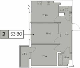 ЖК «Tesoro», планировка 2-комнатной квартиры, 53.80 м²
