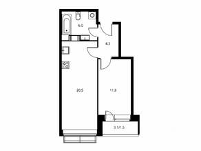 ЖК «Солнечный парк», планировка 1-комнатной квартиры, 44.22 м²