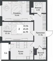 ЖК «Феникс», планировка 2-комнатной квартиры, 68.30 м²