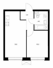 ЖК «Шкиперский 19», планировка 1-комнатной квартиры, 34.80 м²
