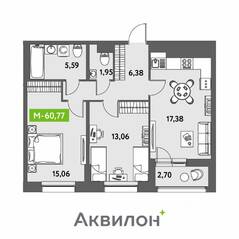ЖК «Аквилон Leaves», планировка 3-комнатной квартиры, 60.77 м²