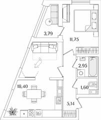 ЖК «Лайнеръ», планировка 1-комнатной квартиры, 41.74 м²