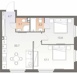ЖК «Twelve», планировка 3-комнатной квартиры, 62.40 м²