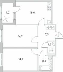 ЖК «Югтаун. Олимпийские кварталы», планировка 2-комнатной квартиры, 58.00 м²