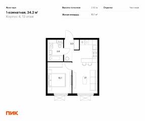 ЖК «Яуза парк (ПИК)», планировка 1-комнатной квартиры, 34.20 м²