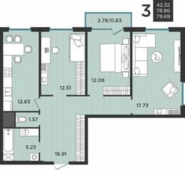 МЖК «Новокасимово», планировка 3-комнатной квартиры, 79.69 м²