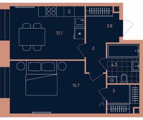 ЖК «ERA», планировка 1-комнатной квартиры, 41.90 м²