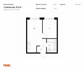 ЖК «Кудровский парк», планировка 1-комнатной квартиры, 31.60 м²