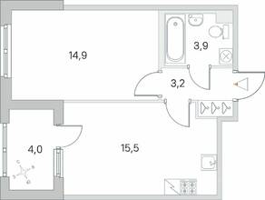 ЖК «Югтаун. Олимпийские кварталы», планировка 1-комнатной квартиры, 39.50 м²