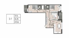 ЖК «Sertolovo Park», планировка 3-комнатной квартиры, 69.66 м²