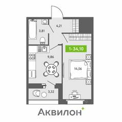 ЖК «Аквилон ZALIVE», планировка 1-комнатной квартиры, 34.10 м²