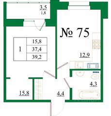 ЖК «Орловский бульвар», планировка 1-комнатной квартиры, 39.20 м²