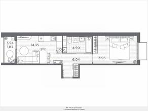 ЖК «Plus Пулковский», планировка 1-комнатной квартиры, 41.07 м²