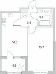 ЖК «Югтаун. Олимпийские кварталы», планировка 1-комнатной квартиры, 39.45 м²