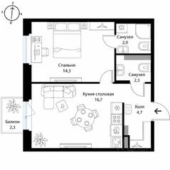 МЖК «Экография», планировка 1-комнатной квартиры, 41.60 м²