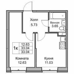 ЖК «Юнтолово», планировка 1-комнатной квартиры, 32.80 м²
