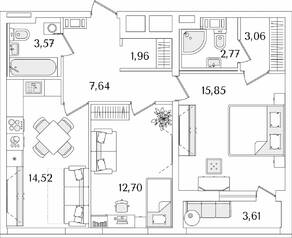 ЖК «Лайнеръ», планировка 2-комнатной квартиры, 63.88 м²
