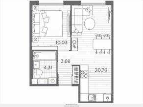 ЖК «Plus Пулковский», планировка 1-комнатной квартиры, 38.78 м²