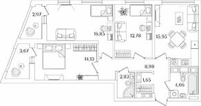 ЖК «Лайнеръ», планировка 3-комнатной квартиры, 80.55 м²