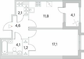 ЖК «Югтаун. Олимпийские кварталы», планировка 1-комнатной квартиры, 42.95 м²
