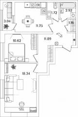ЖК «БелАрт», планировка 2-комнатной квартиры, 59.92 м²