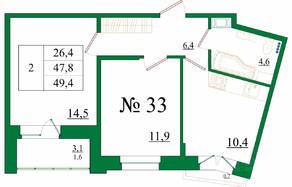 ЖК «Орловский бульвар», планировка 2-комнатной квартиры, 49.40 м²