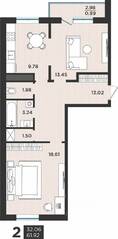 МЖК «Новокасимово», планировка 2-комнатной квартиры, 61.92 м²