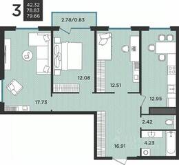 МЖК «Новокасимово», планировка 3-комнатной квартиры, 79.66 м²