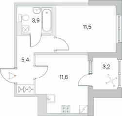 ЖК «Югтаун. Олимпийские кварталы», планировка 1-комнатной квартиры, 34.00 м²