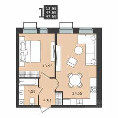 ЖК «Мишино-2», планировка 1-комнатной квартиры, 47.69 м²