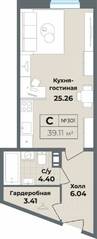 Апарт-комплекс «Лиговский, 127», планировка студии, 39.11 м²