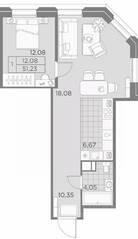 ЖК «AKZENT», планировка 1-комнатной квартиры, 51.23 м²