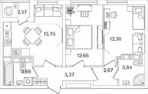 ЖК «Лайнеръ», планировка 2-комнатной квартиры, 57.54 м²