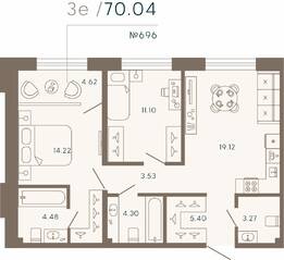 Апарт-комплекс «17/33 Петровский остров», планировка 2-комнатной квартиры, 70.04 м²
