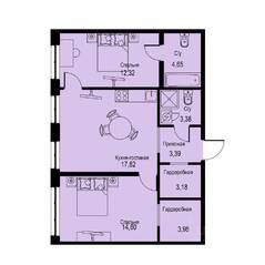 ЖК «ID Кудрово», планировка 2-комнатной квартиры, 63.32 м²