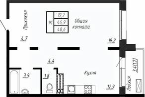 ЖК «Сибирь», планировка 1-комнатной квартиры, 48.60 м²