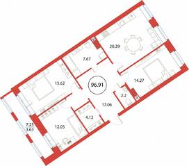 ЖК «Ariosto!», планировка 3-комнатной квартиры, 96.91 м²