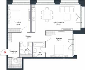 МФК «Ривер Парк», планировка 3-комнатной квартиры, 93.20 м²